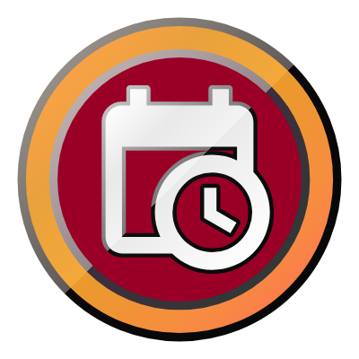 Circular maroon badge with an orange border. The center image is a white icon of a calendar with an analog clock on top.