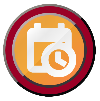Circular orange badge with a maroon border. The center image is a white icon of a calendar with an analog clock on top.